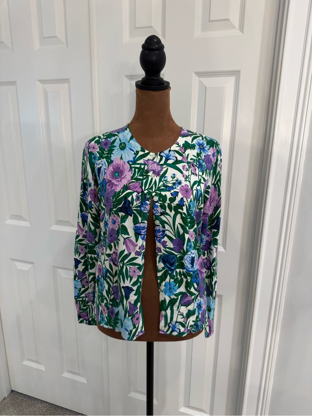 Talbots Petite Floral Print Cardigan in Cream, Purple & Blue